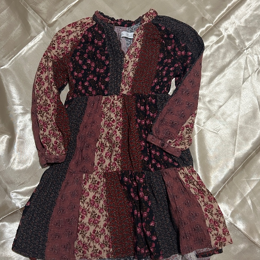 Zara Girls' Patchwork Floral Long-Sleeve Dress - Pink & Black Sz 9